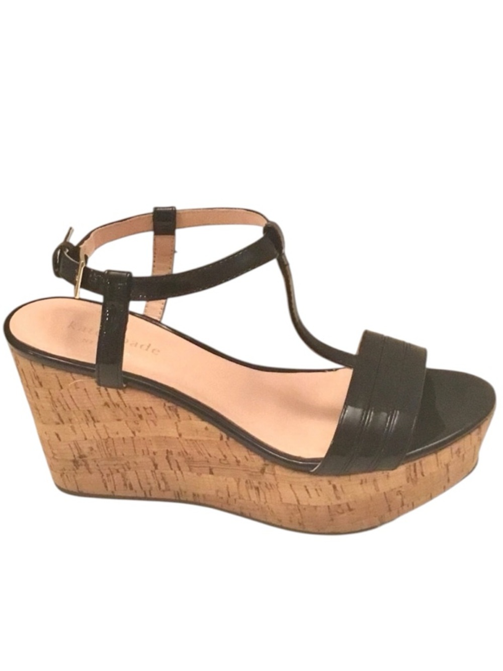 Kate Spade Tallin Platform Cork Wedge Sandals Black Patent Leather T-Strap -5.5